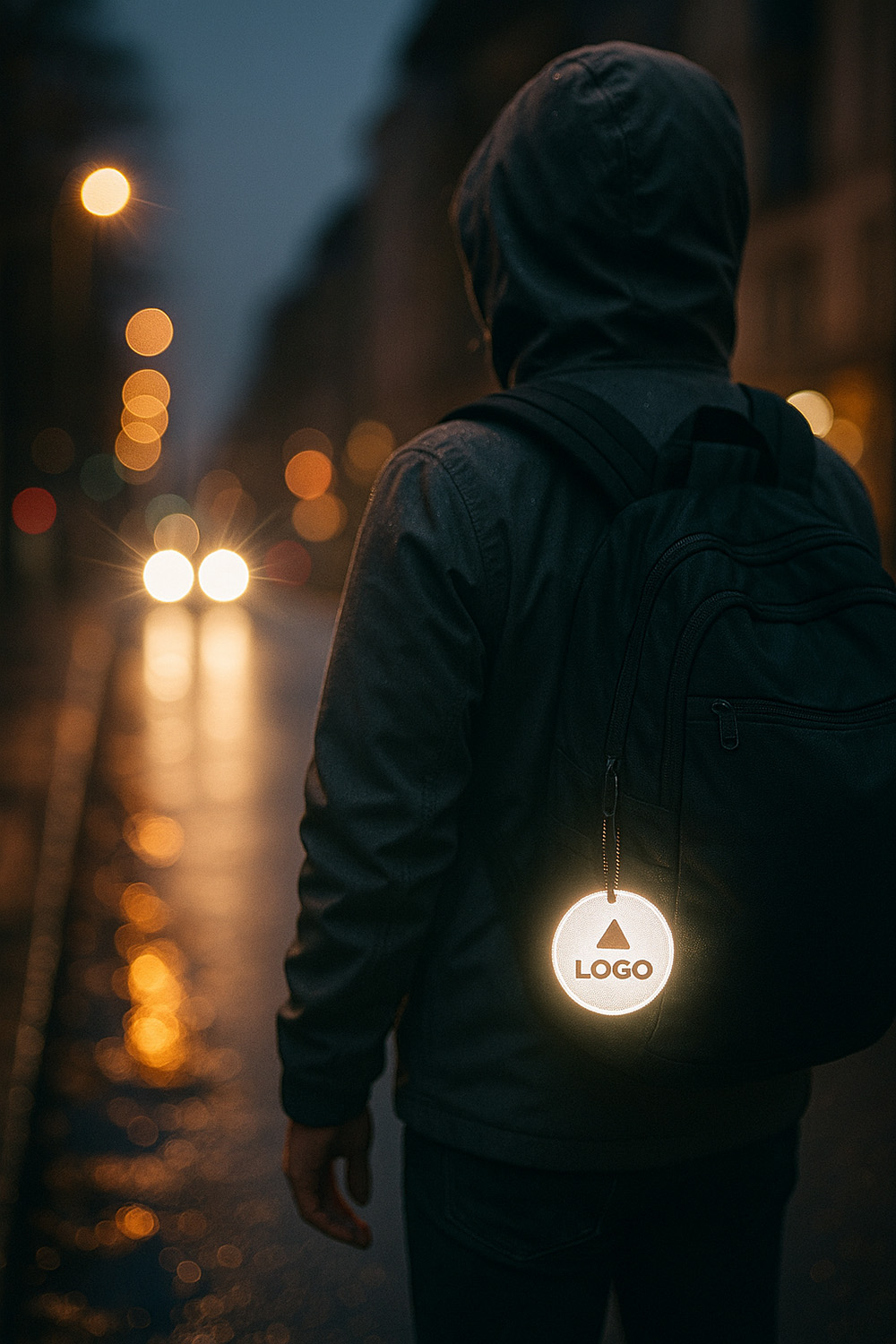 Person mit personalisiertem Reflektor am Rucksack bei Nacht